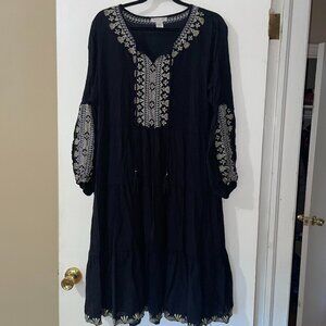 Rachel‎ Zoe Black Gold Silver Embroidered Long Sleeved Dress Swim Coverup Size L